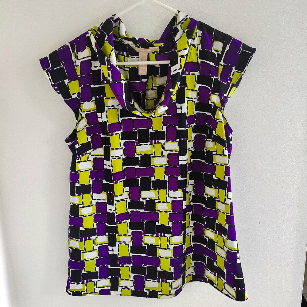 Banana Republic blouse with lime green purple black & white print